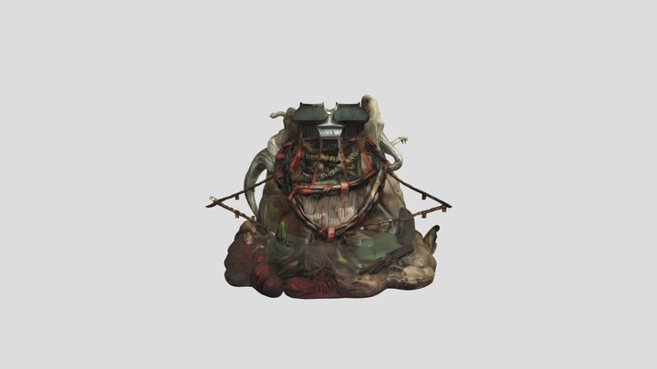 Small shrine built into a chained rocky mound 2 3D Model