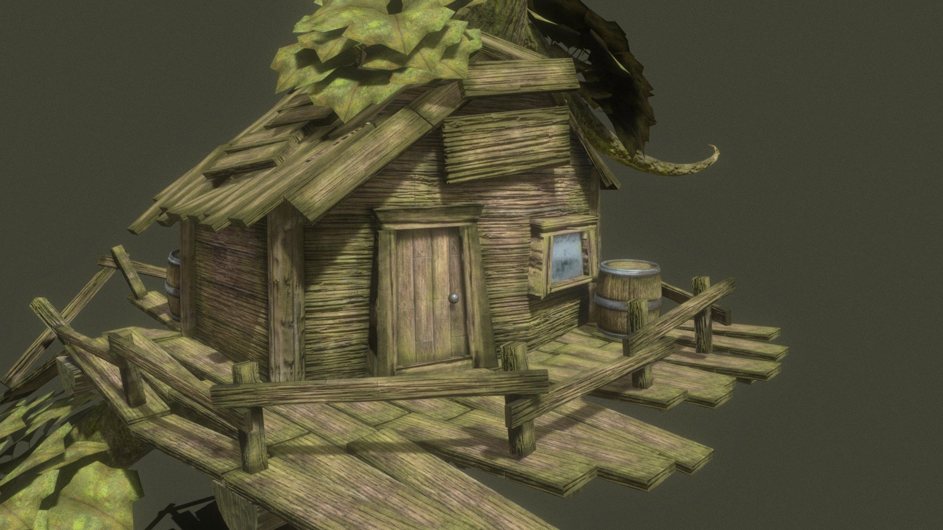 dilapidated mossy treehouse