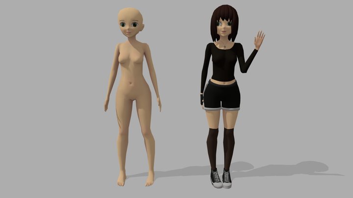 Lowpoly Anime Girl Full Character + Base Mesh 3D Model