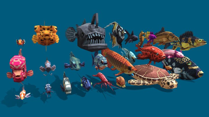 Fish set - Low Poly Pixel Art model 3D Model