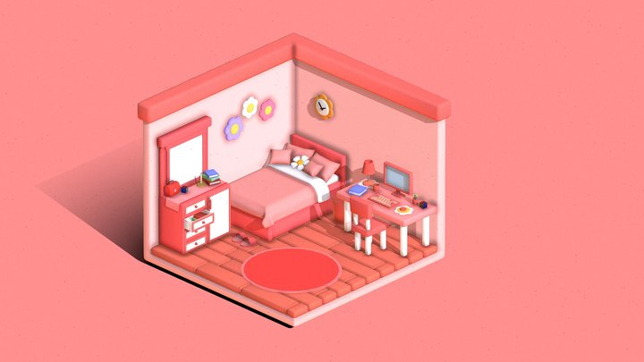 Pink Isometric Bedroom 3D Model