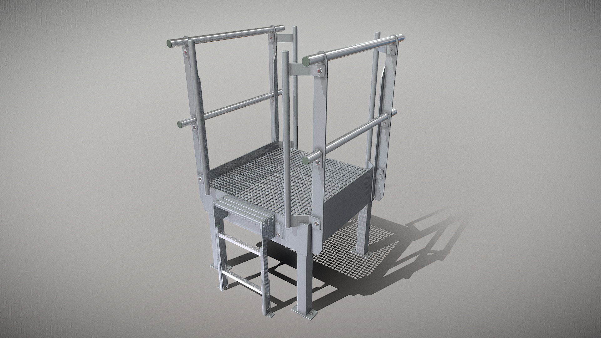 3D model Industrial Metal Podium with Ladder (High-Poly) - This is a 3D model of the Industrial Metal Podium with Ladder (High-Poly). The 3D model is about a metal chair with a metal frame.