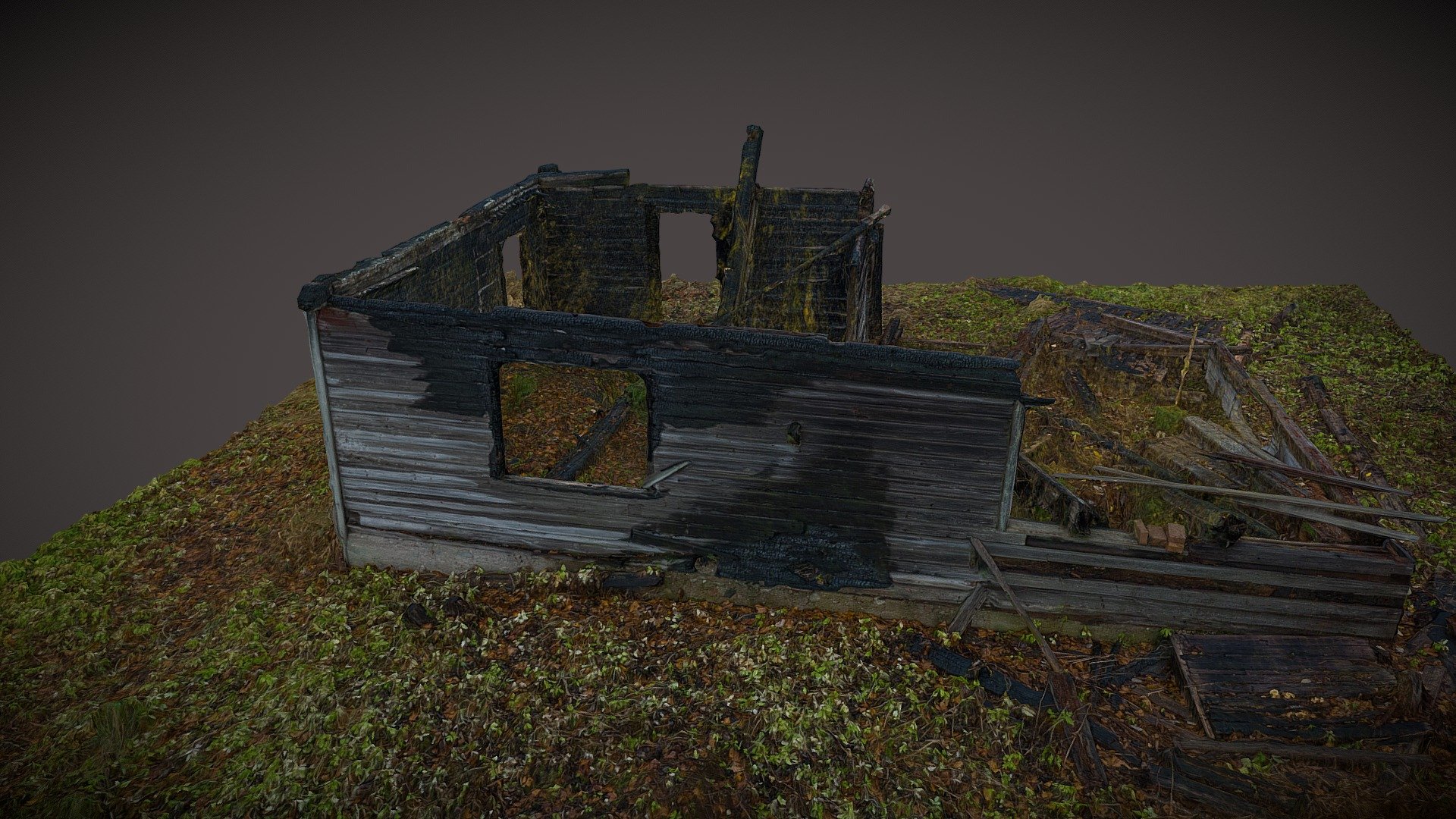 Old burned wooden house Buy Royalty Free 3D model by Saulius.Zaura