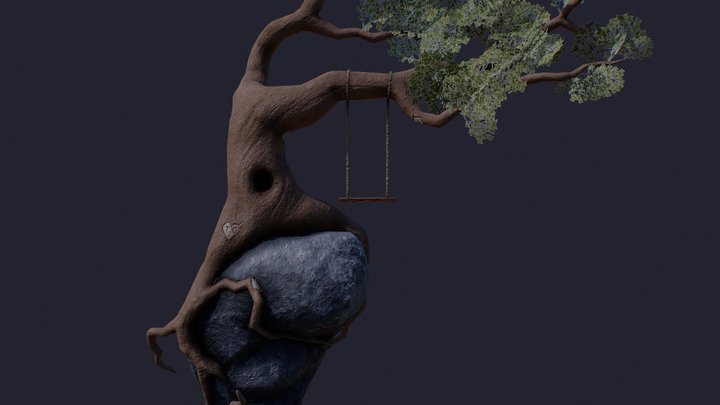 Tranquil Tree Swing on Rock 3D Model