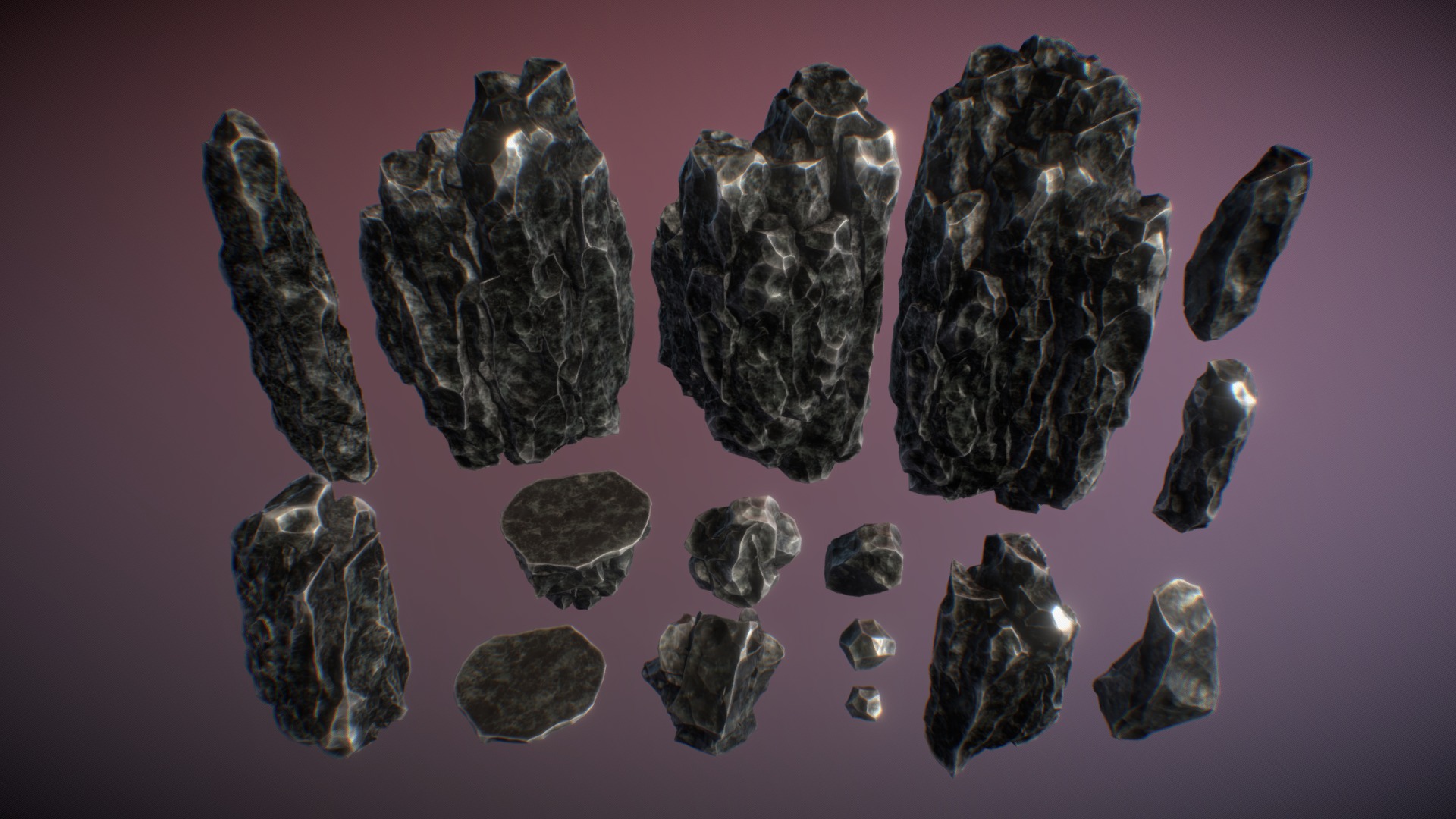 3D model Obsidian rocks - This is a 3D model of the Obsidian rocks. The 3D model is about a collection of different shaped and sized rocks.
