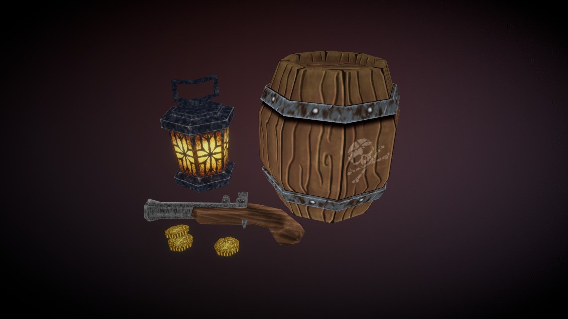 Pirate set, barrel, pistol, lantern