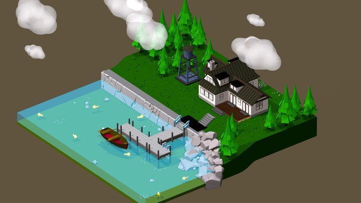 Lake house scene view w/ clouds 3D Model