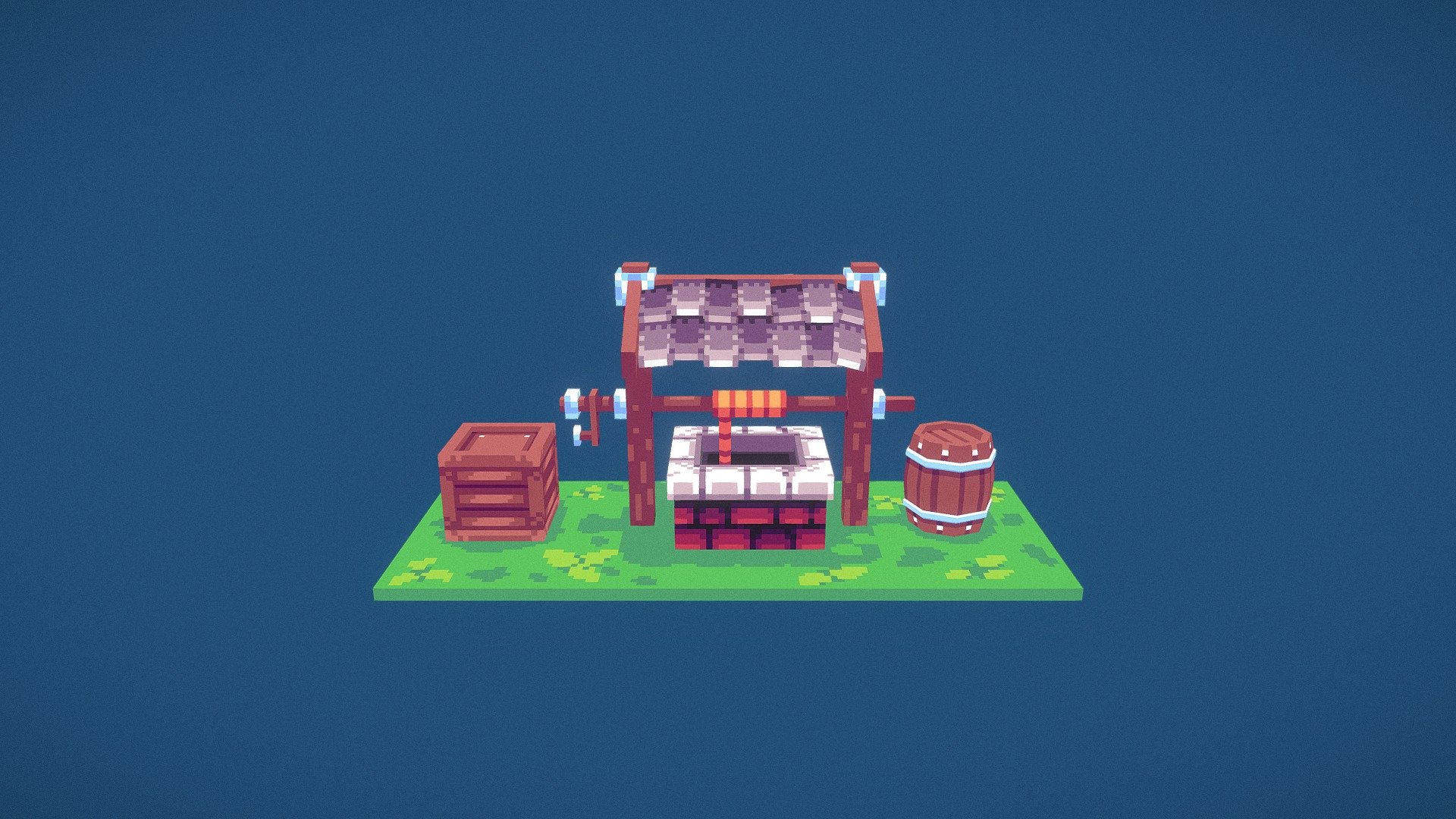 Water Well + Barrel + Wood Box ; PIXEL ART 3D model by