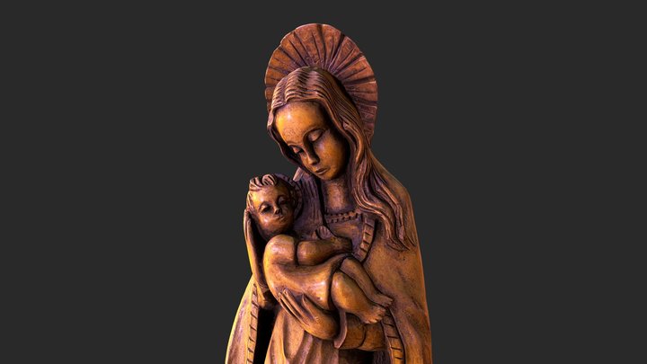 Virgin Mary with Child Wooden Sculpture 3D Model
