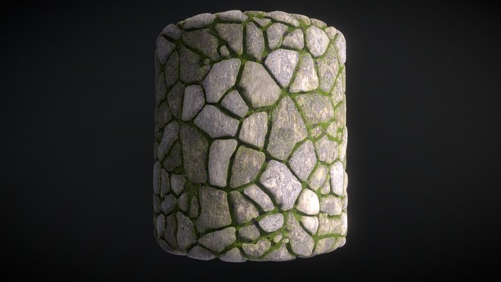 Mossy cobblestone - PBR material 3D Model