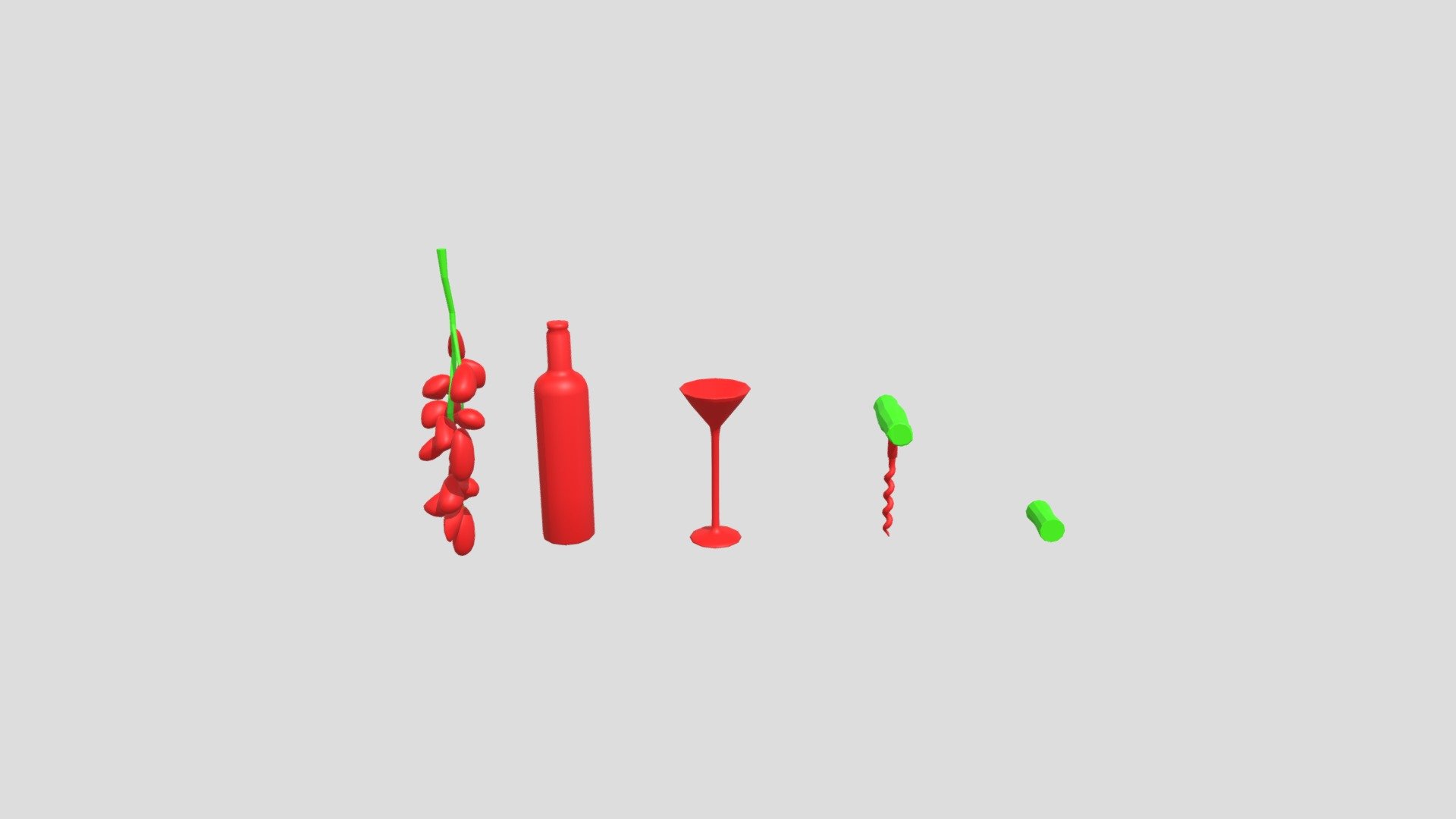 3D Model - Winebottle, Martiniglass, grapes