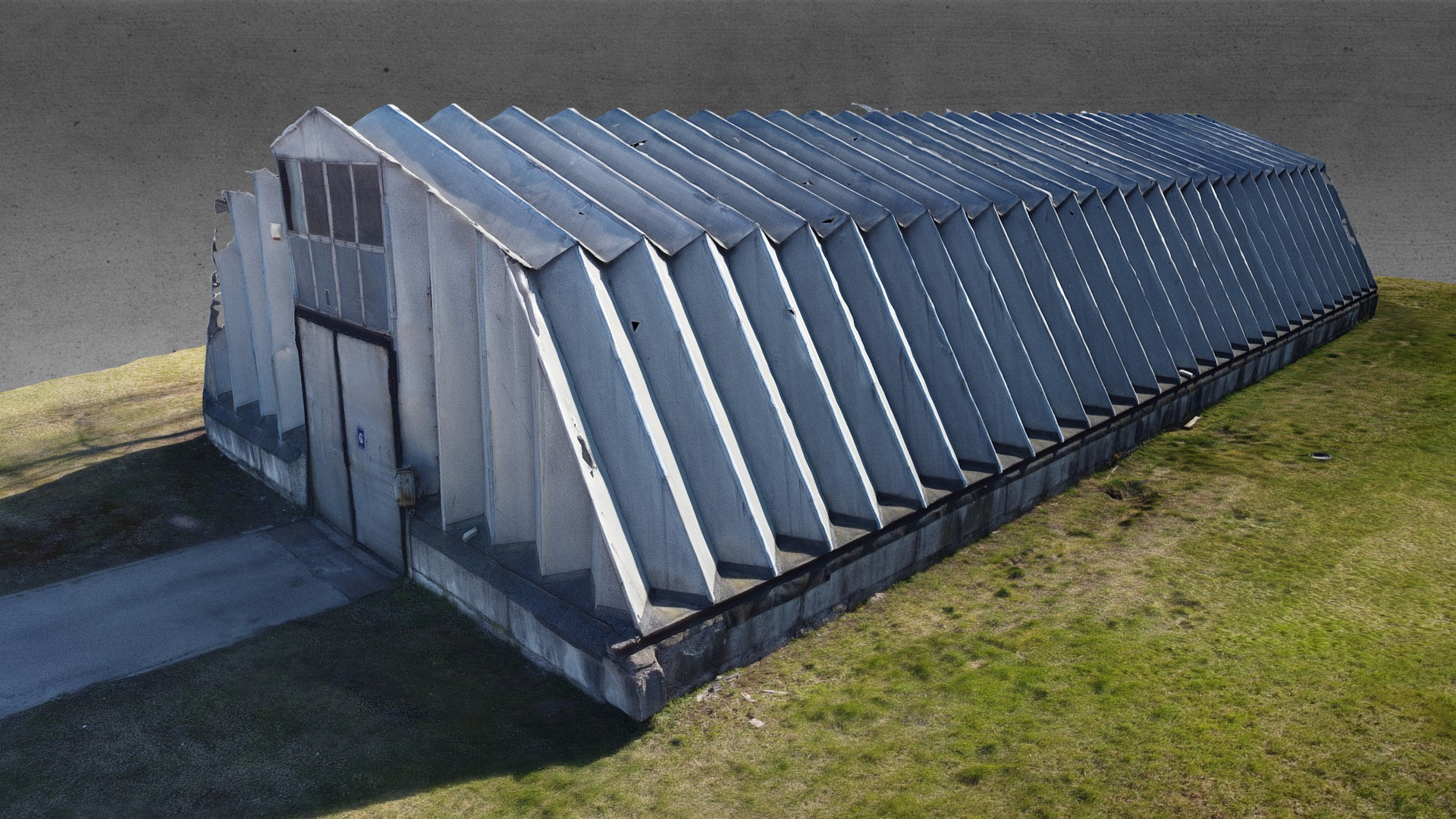3D model Abandoned Hangar - This is a 3D model of the Abandoned Hangar. The 3D model is about a solar panel on a roof.