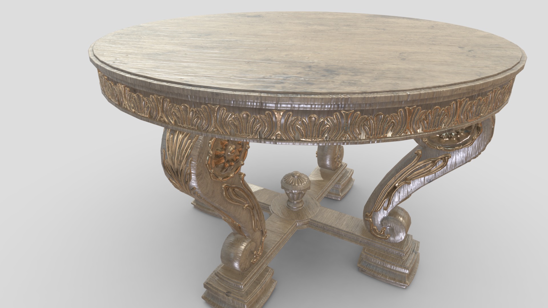 3D model Antique Dining Table – Wood And Gold 18 - This is a 3D model of the Antique Dining Table - Wood And Gold 18. The 3D model is about a table with a metal top.