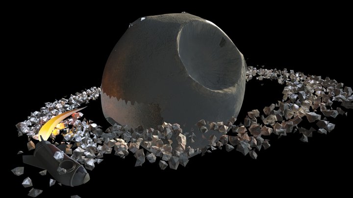 ماه و حلقه سنگی دور آن و ماهواره 3D Model