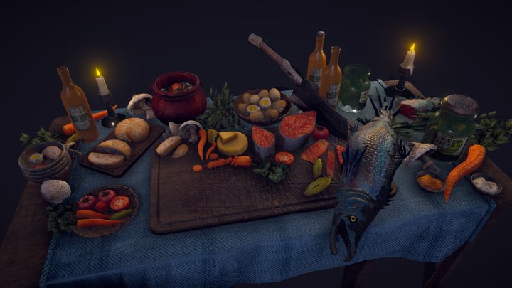 Medieval Food Table 3D Model