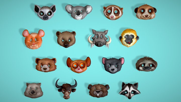 Low Poly Kids Cartoon Animal Face Mask Pack 2 3D Model