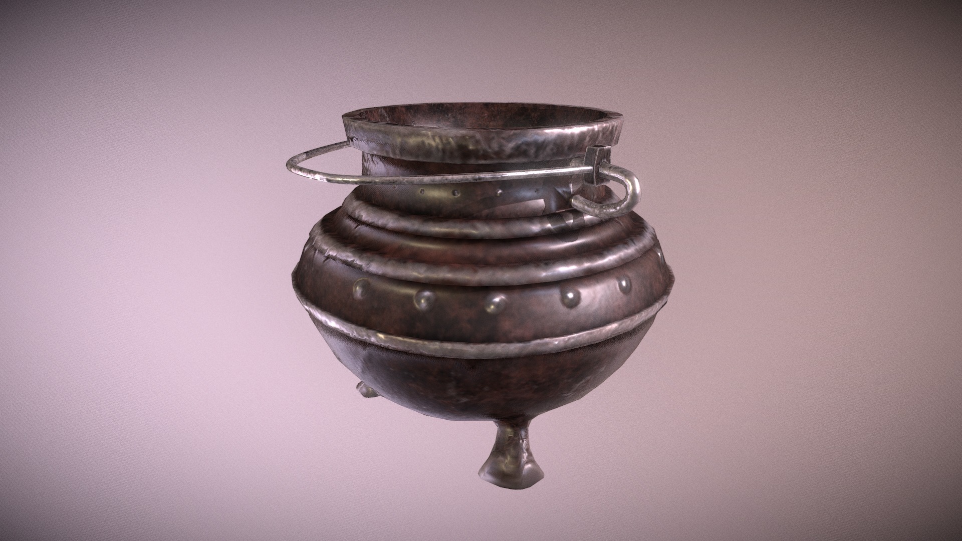 3D model Old Medival Cauldron - This is a 3D model of the Old Medival Cauldron. The 3D model is about a metal bowl with a handle.