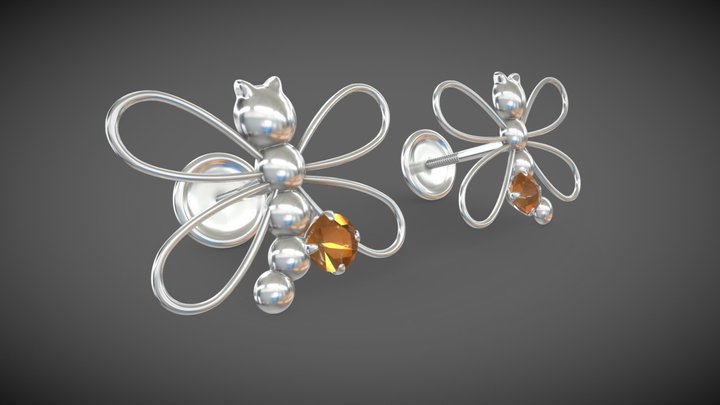 Silver earring (Orange-dragonfly) - arete plata 3D Model