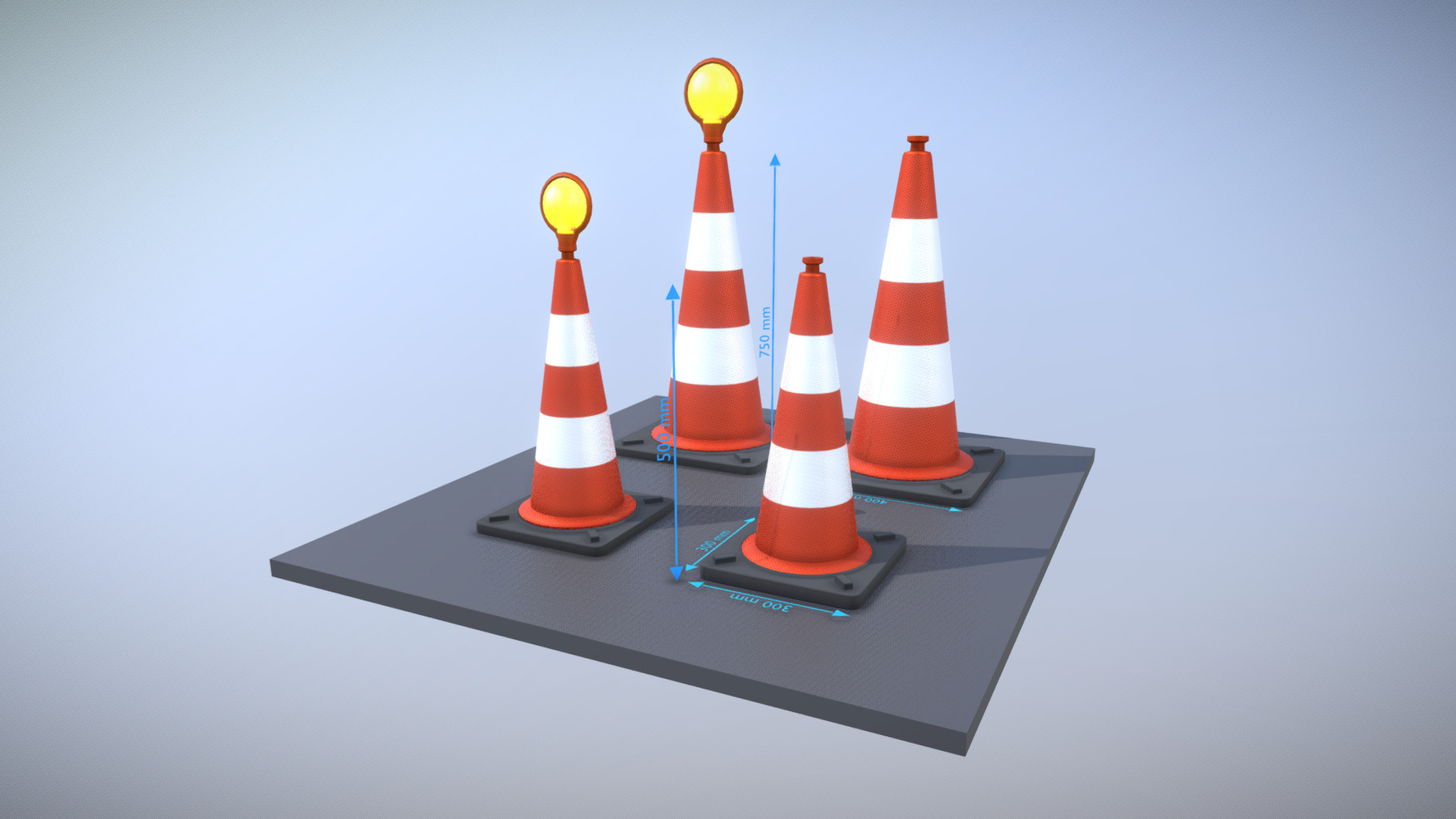 3D model TL Traffic Cones with Construction Lamp - This is a 3D model of the TL Traffic Cones with Construction Lamp. The 3D model is about a group of cones.
