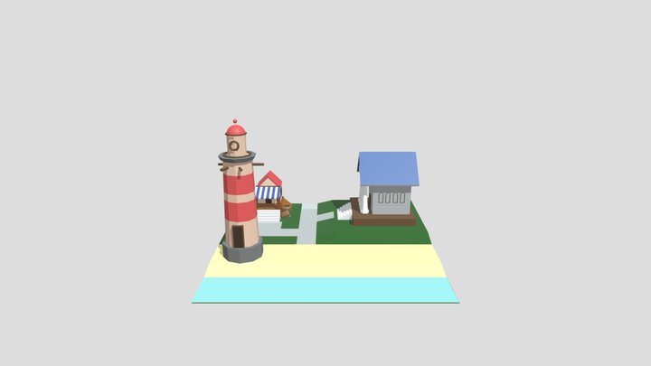 Empty market, lighthouse and town library 3D Model