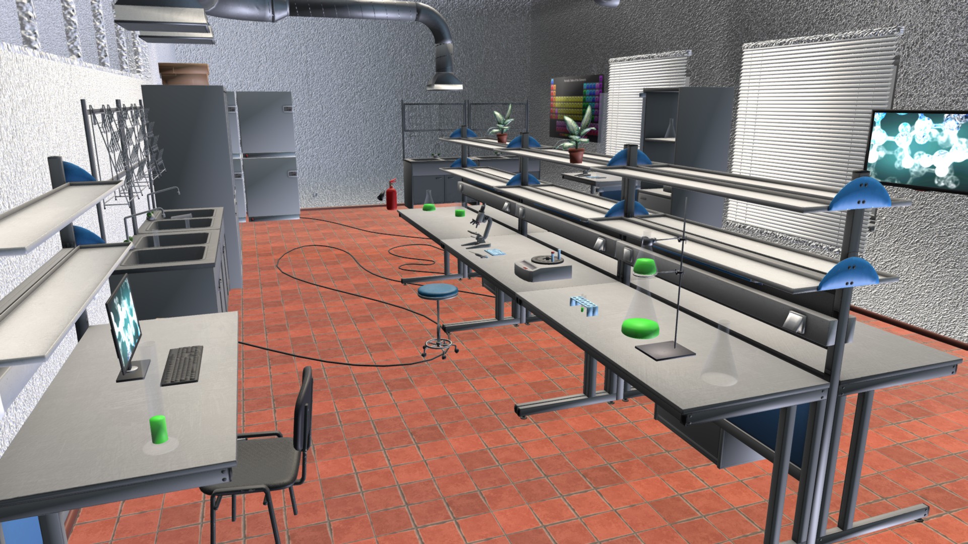 3D model Laboratory – interior and props - This is a 3D model of the Laboratory - interior and props. The 3D model is about a room with a table and chairs.