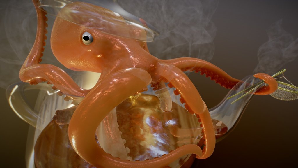 Cartoon octopus takes a tea bath