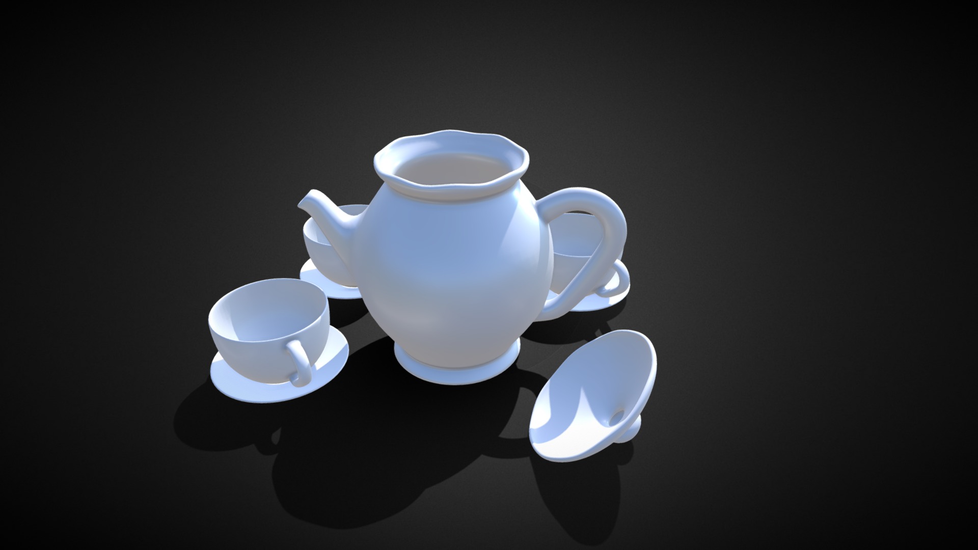 3D model Full Tea Pot Set - This is a 3D model of the Full Tea Pot Set. The 3D model is about a white teapot and two white cups on a black background.