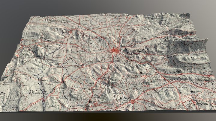 Plan secteur Aix-en-Provence en 1864 et relief 3D Model