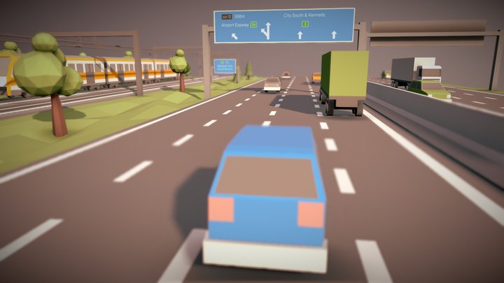 Low poly highway with train 3D Model