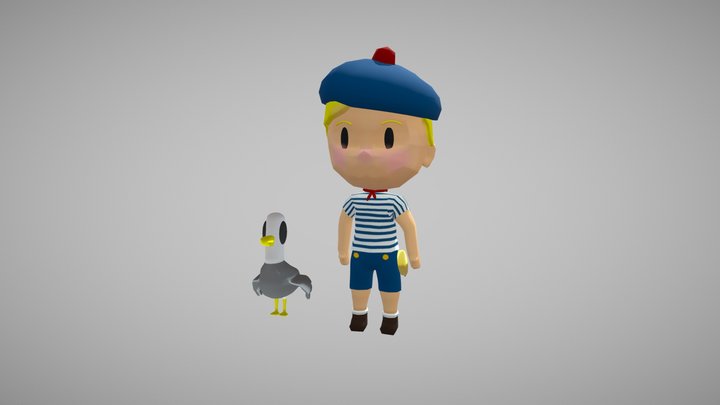 Low Poly Chibi Sailor Boy and Seagull 3D Model