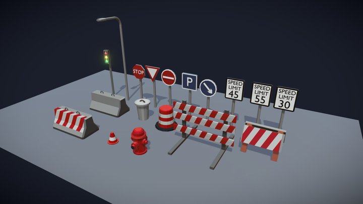 Super Low Poly Traffic Props 3D Model