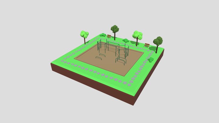 Low Poly Cartoon Calisthenics Park Scene 3D Model