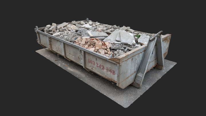 Gray metal waste container with building debris 3D Model