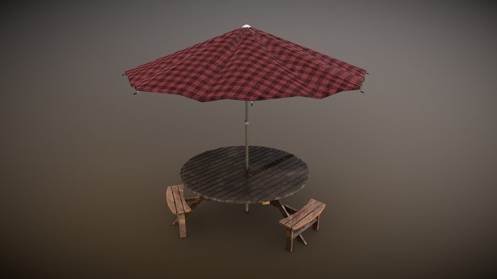 Picnic Table with Detailed Umbrella 3D Model