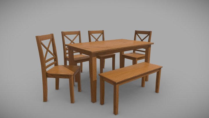Kitchen table chairs and bench (low poly) – Free 3D Model STL