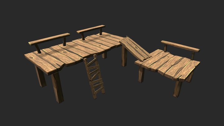 Low-Poly Hand-Painted Wood Stage 3D Model