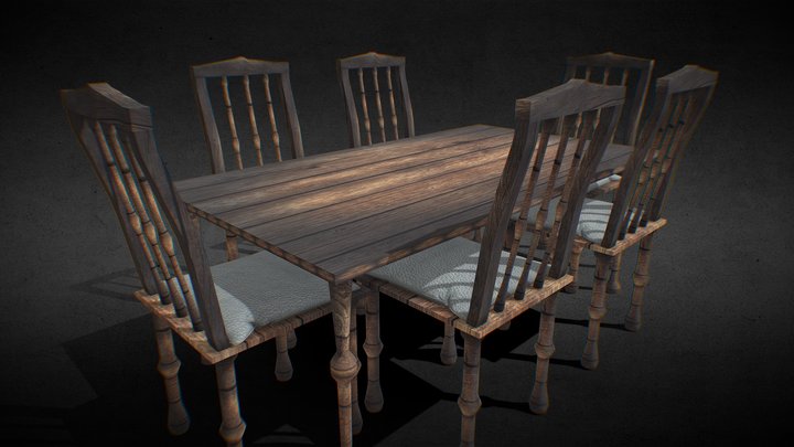 Game Ready Rustic Table With Chairs 3D Model