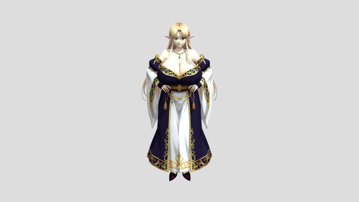 Elven Queen in a Blue and Gold Gown 3D Model