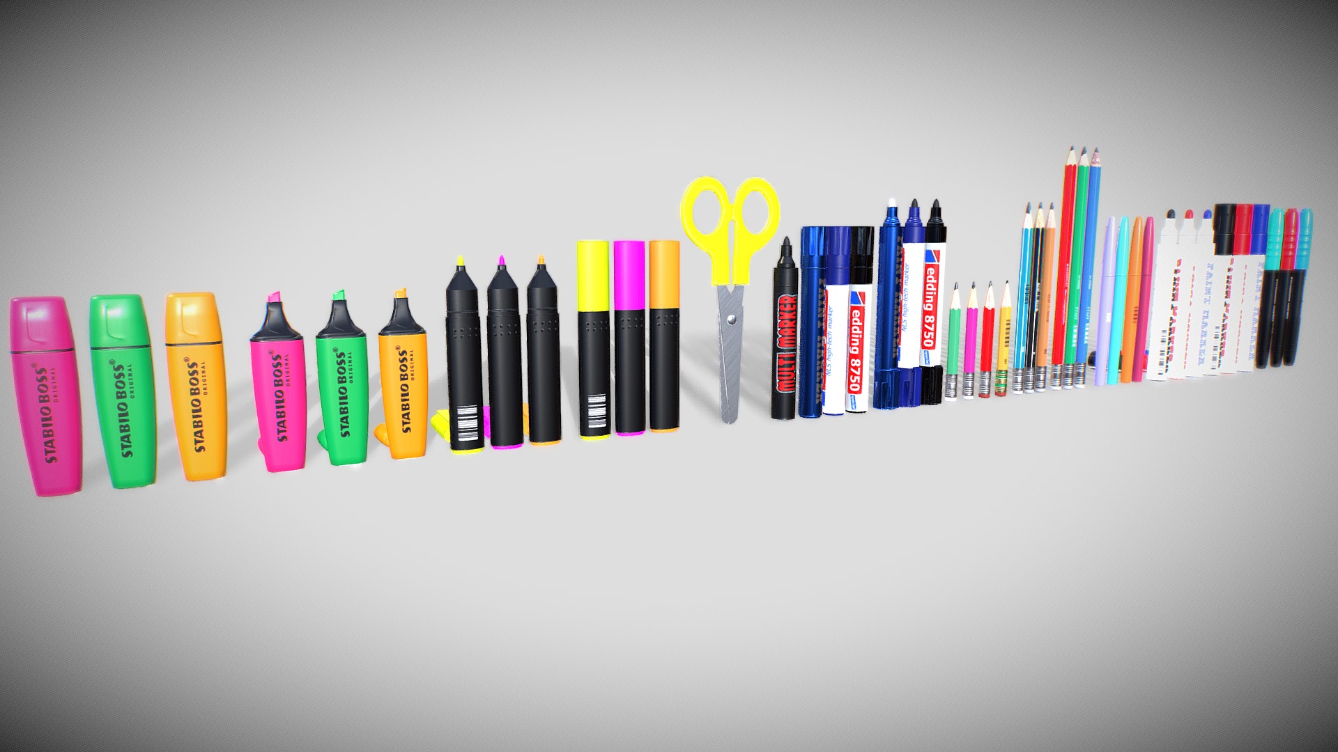 3D model Stationery set PBR - This is a 3D model of the Stationery set PBR. The 3D model is about a group of different colored pens.