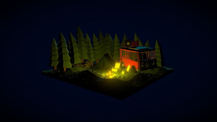 Low poly night camping 3D Model