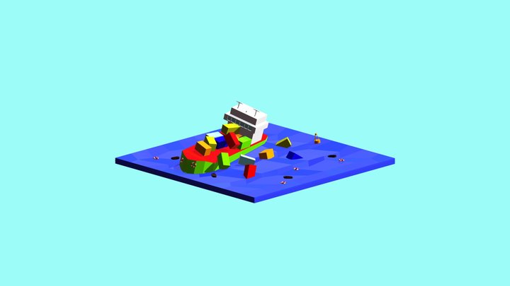 Low Poly Sinking Cargo Boat 3D Model