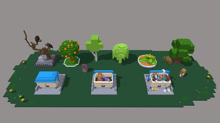 Amusement Park - Garbage Bins and Vegetation 3D Model