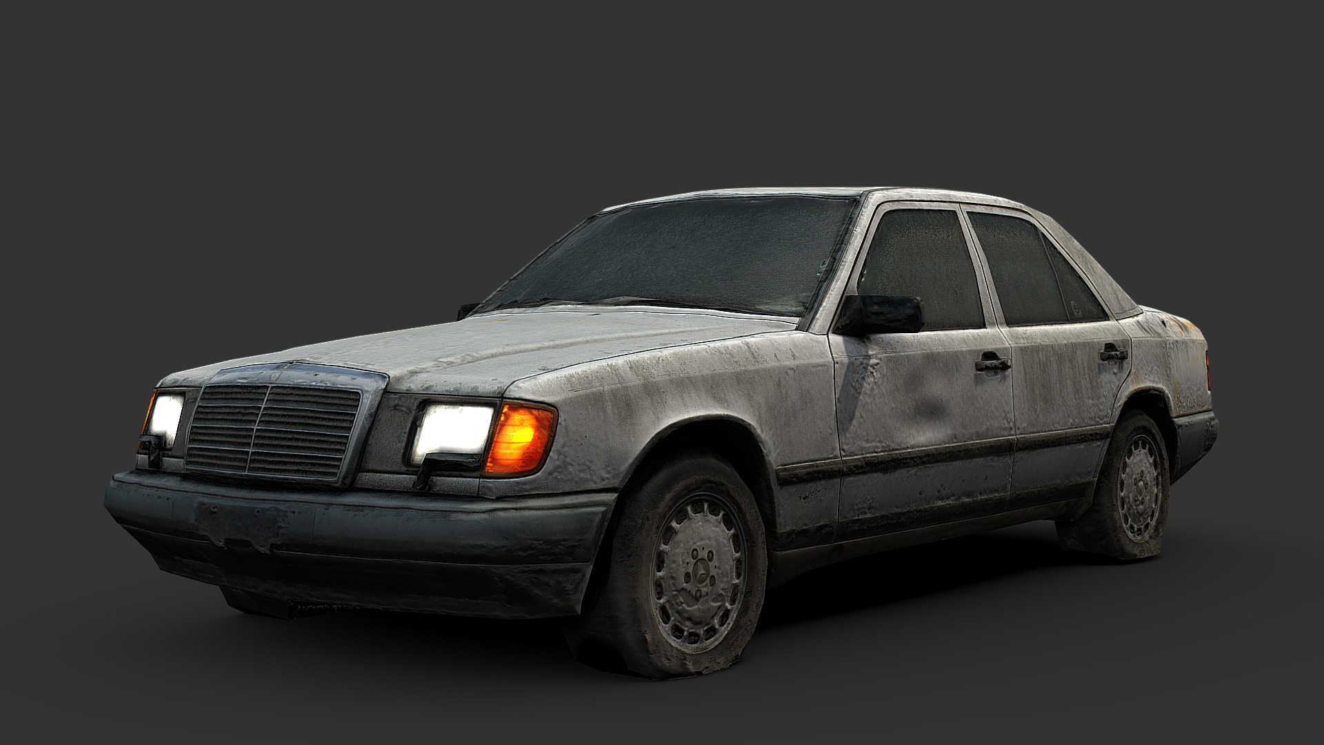3D model Abandoned Mercedes (Gameready From Scan) - This is a 3D model of the Abandoned Mercedes (Gameready From Scan). The 3D model is about a car with its headlights on.