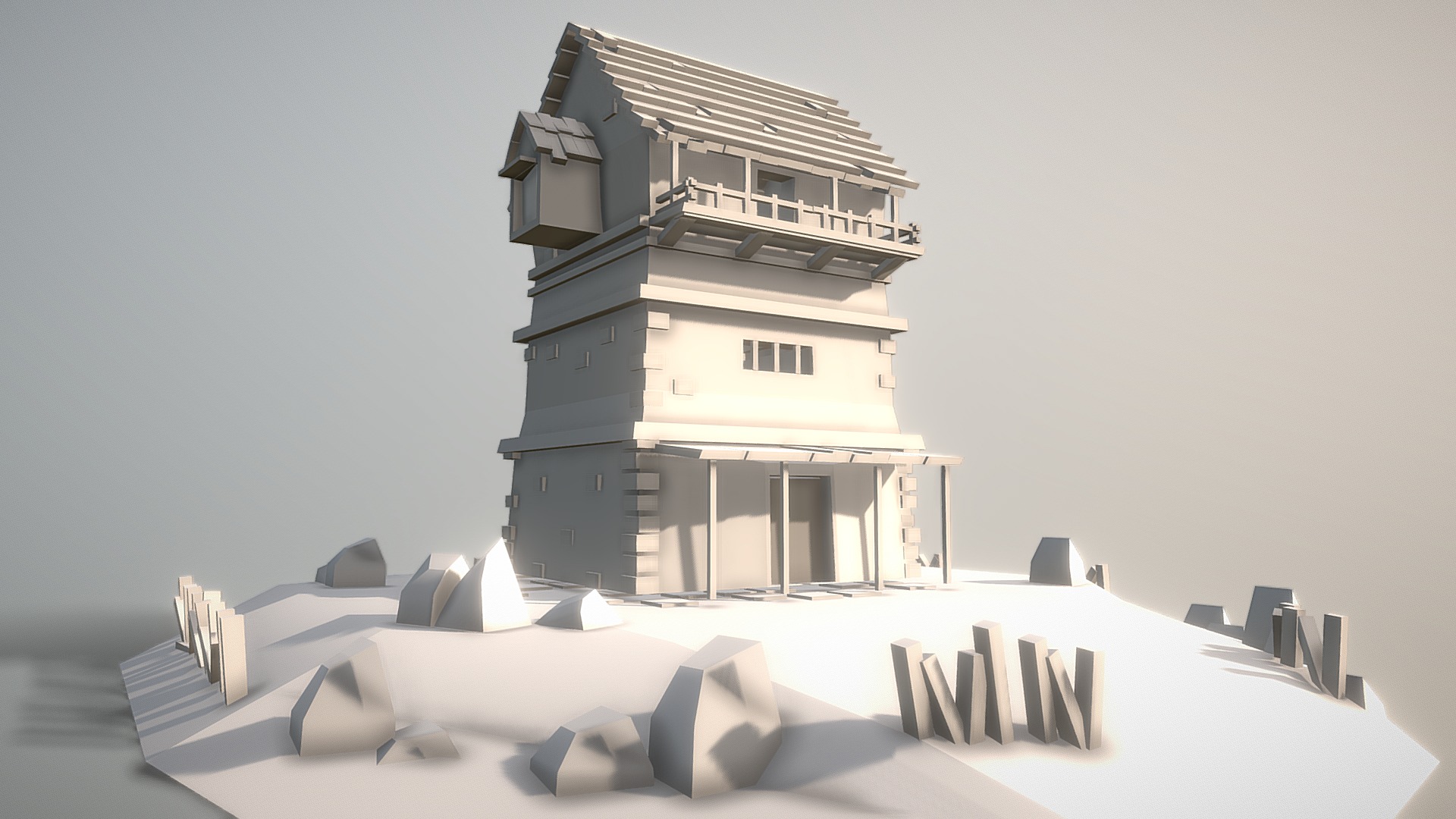 3D model Medieval House Scene And Set Modeling - This is a 3D model of the Medieval House Scene And Set Modeling. The 3D model is about a house on a pile of snow.