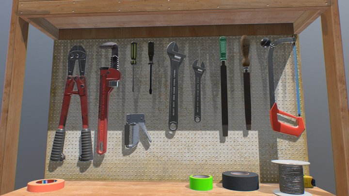 Carpenter Table with tools 3D Model