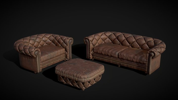 Furniture Set -Leather Sofa, Armchair, Pouffe LP 3D Model
