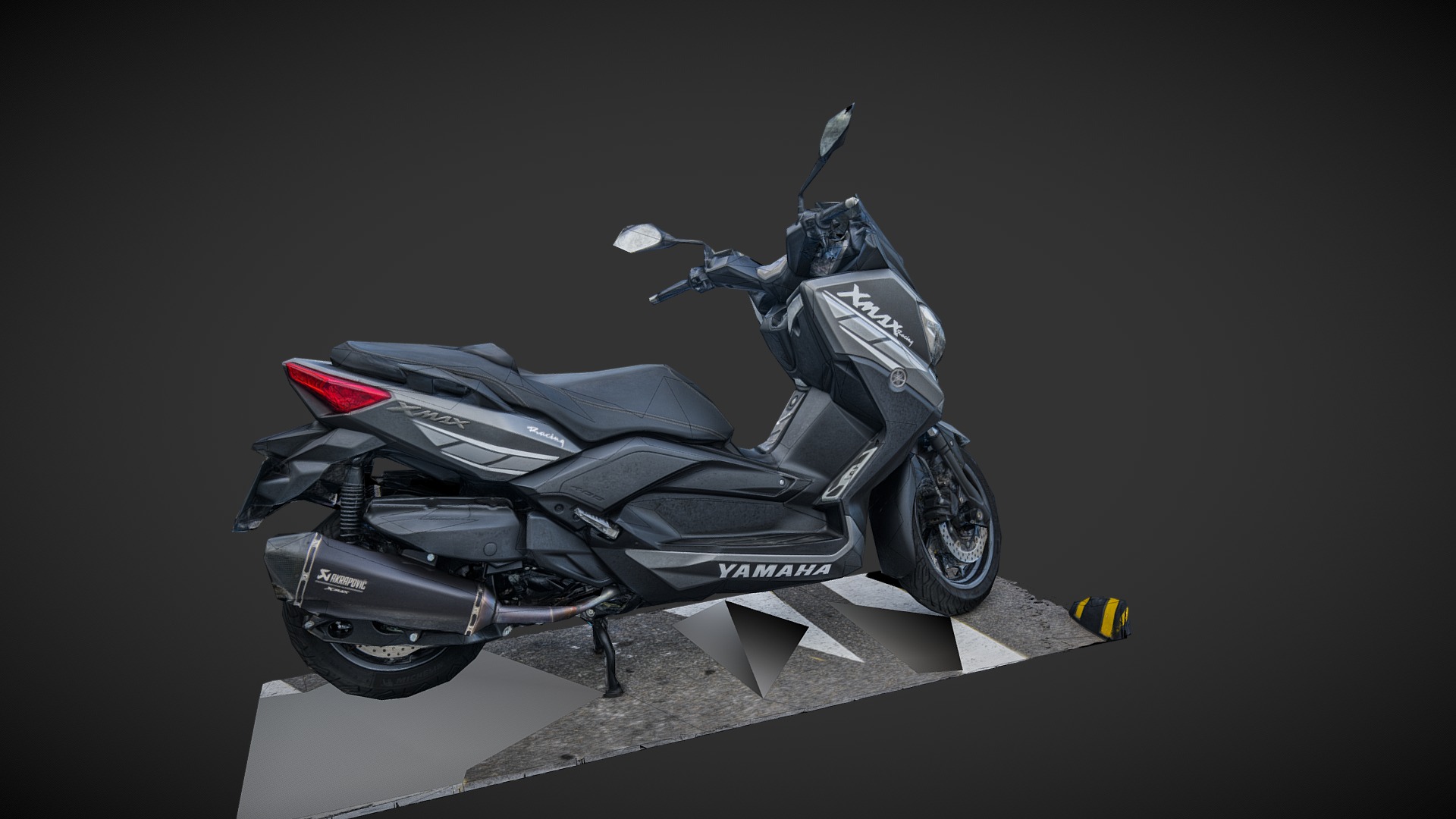 3D model Yamaha XMAX  photogrammetry scan (low poly) - This is a 3D model of the Yamaha XMAX  photogrammetry scan (low poly). The 3D model is about a black motorcycle on a stand.