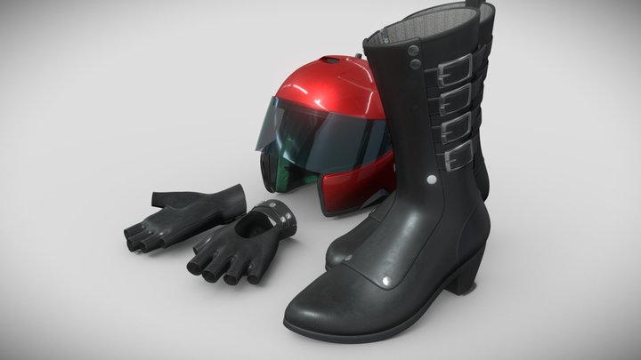 Women's black leather boots & gloves 3D Model