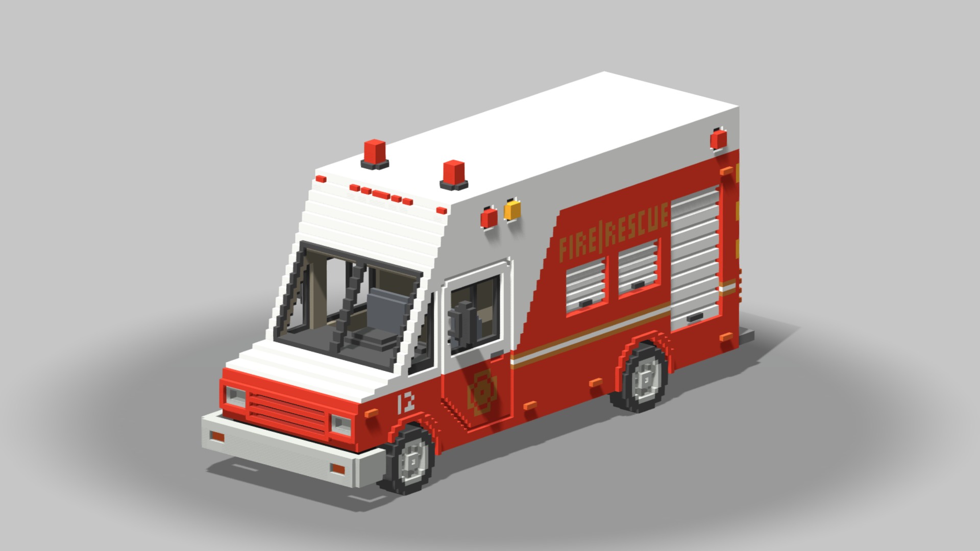 3D model Voxel Fire Rescue Van - This is a 3D model of the Voxel Fire Rescue Van. The 3D model is about a red and white fire truck.