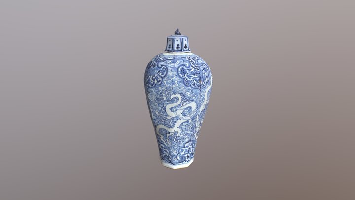中国青花海水纹八棱带盖梅瓶 3D Model